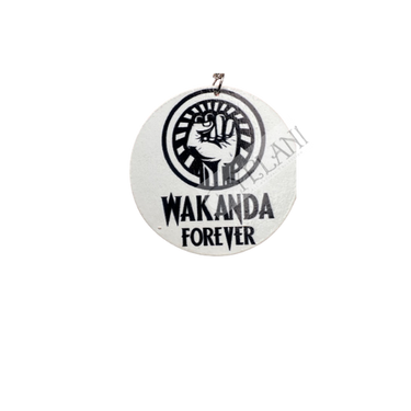 Close-up of Wakanda Forever white round disc earrings showing clean finish and lightweight wooden construction